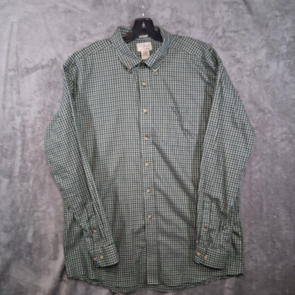 L.L.Bean Button Down Long Sleeve Wrinkle Resist Men’s XL Green Check O-MT78